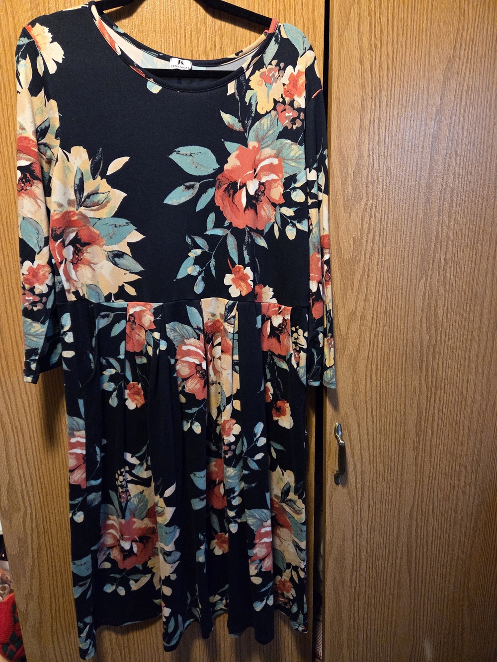 JessaKae Floral Long Sleeve Midi Dress with Coral and Teal Flowers